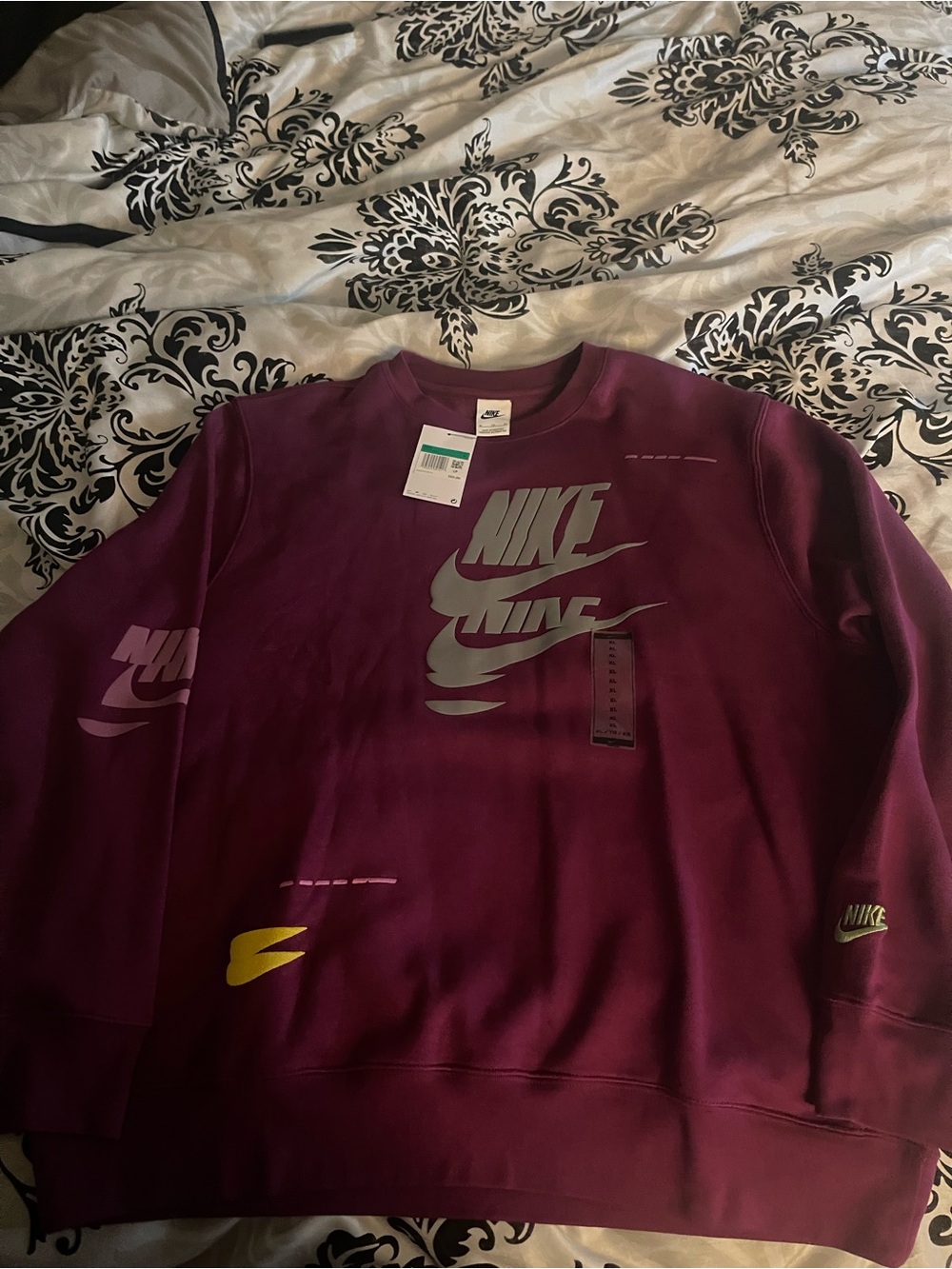 Nike Men's Maroon Crewneck Sweatshirt with Grey and Yellow Accents